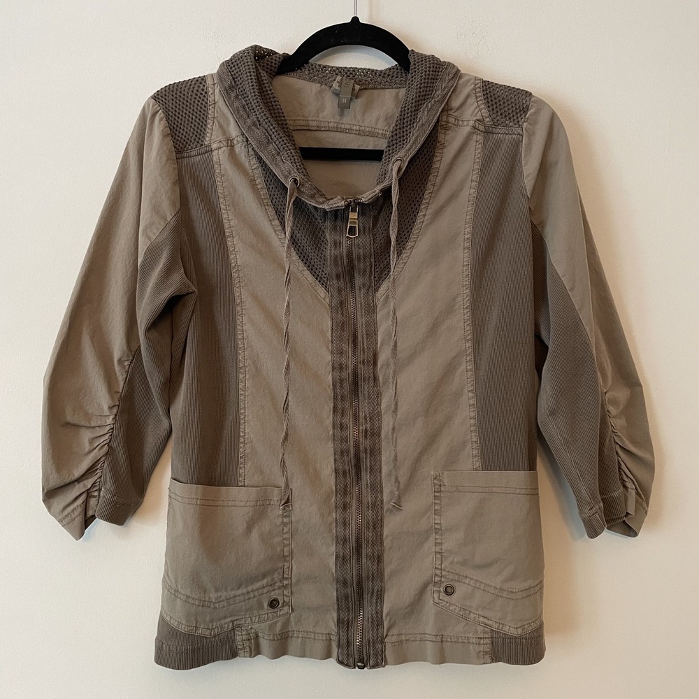 XCVI Fjord Jacket Mesh Cotton Full Zip Brown Size M Stretch Lagenlook Utility